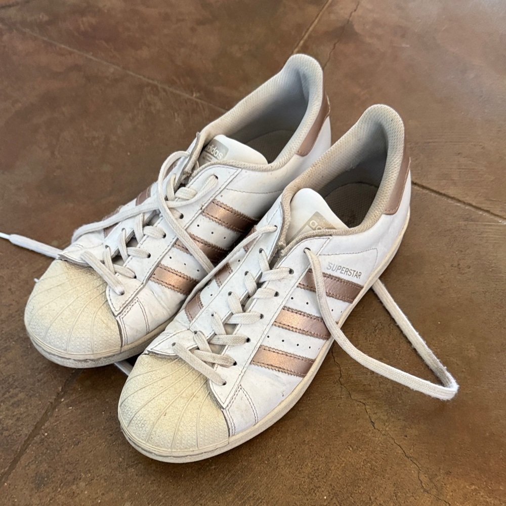 adidas White Women's Superstar Sneakers with Rose Gold Stripes